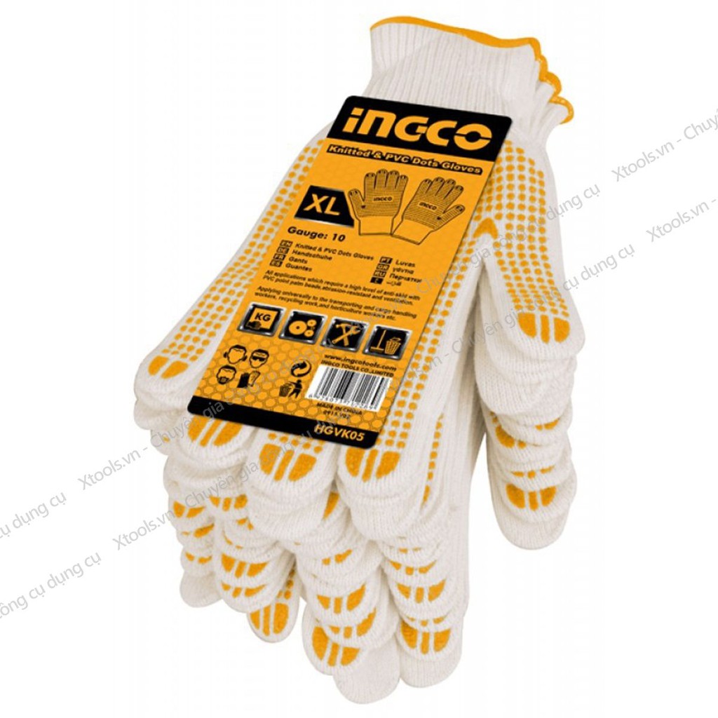 Găng tay bảo hộ lao động dệt kim phủ hạt nhựa PVC INGCO 58g/đôi bao tay cotton thoáng khí chống trơn trượt độ bám cao