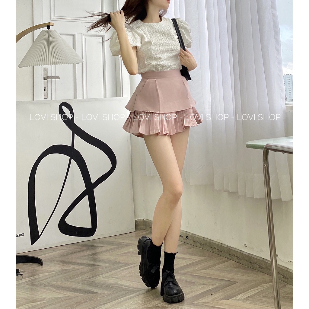 Áo xốp cổ tròn tay phồng ánh nhũ Lovi