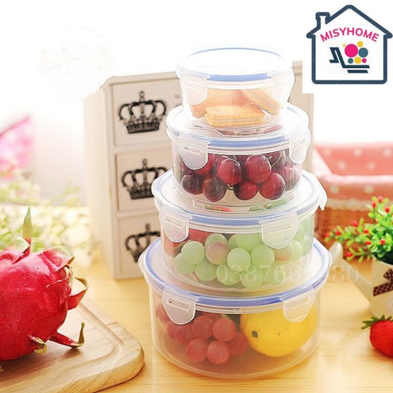 Bộ 3 hộp bảo quản thực phẩm trữ đông ngăn đông để tủ lạnh tròn đựng thức ăn đồ ăn khô khóa 4 chiều Việt Nhật