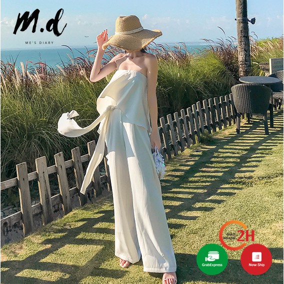 Đồ bay nữ, jumpsuit dài, ống rộng, chất lụa trắng ME'S DIARY