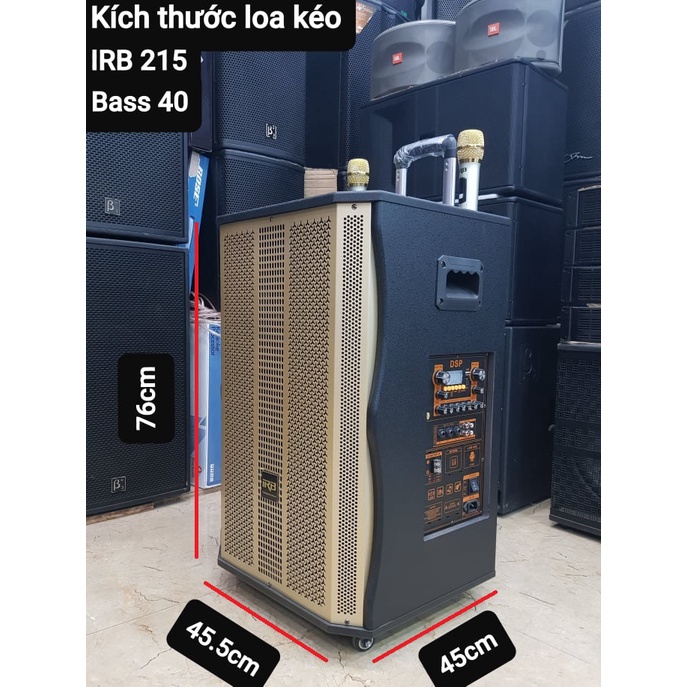 Loa kéo Karaoke Bluetooth IRB 215: Bass 40, Thiết kế 3 loa, Có Reverb, Công suất 500W. 2 Micro vỏ kim loại cao cấp k dây