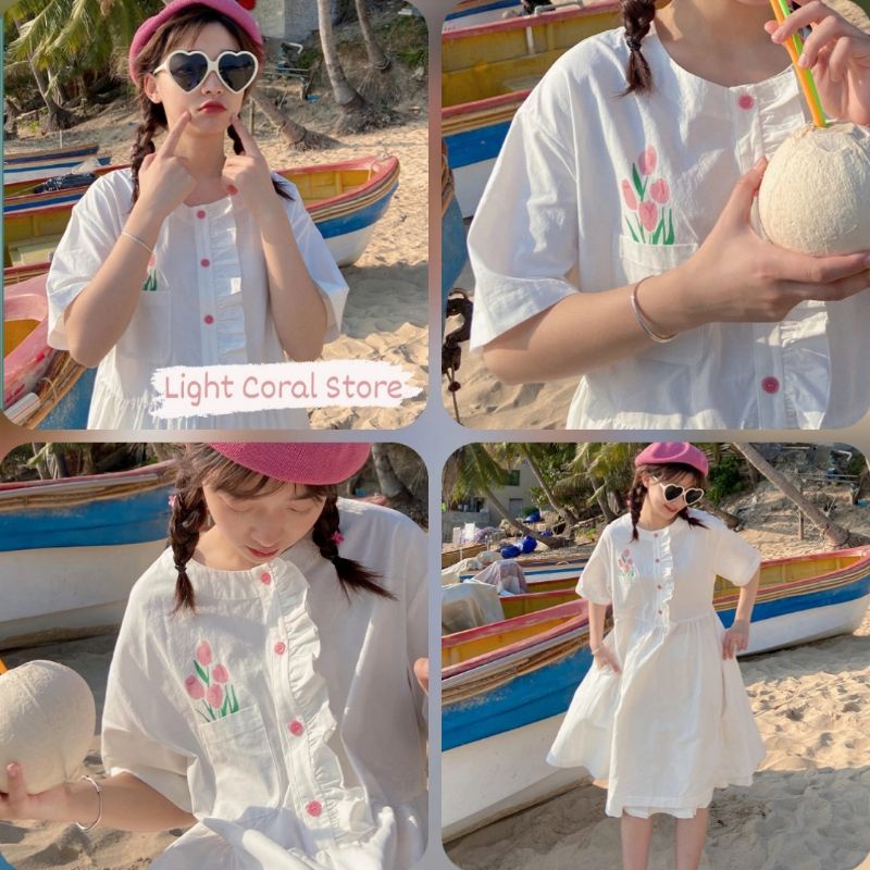 (ORDER) Váy babydoll dáng dài hình bông hoa xinh xắn cổ trụ viền bèo màu xanh và trắng siêu xinh (ảnh thật)