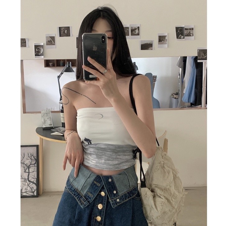 Áo ống ngắn QADCOL in họa tiết phong cách Mỹ cá tính