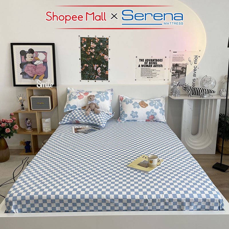 Bộ Ga Giường Chần Bông Full 5 Món Cotton Poly SERENA MATTRESS Chăn Ga Grap Ra Drap Gối Đệm Nệm Trải Phủ Giường Trần Bông