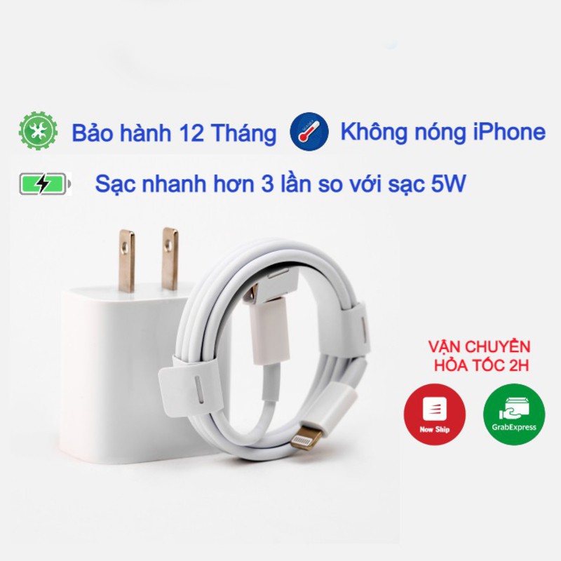 Bộ Sạc Nhanh 20W Cho Iphone PD USB-C To Lightning, Hỗ Trợ Sạc Nhanh Tối Đa Cho Iphone 12, Bảo Hành 12 Tháng Lỗi 1 Đổi 1