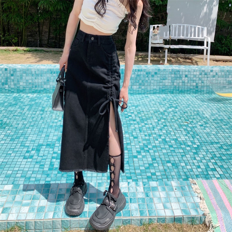 ANTUSON Chân váy jean Dài Dáng Chữ A Lưng Cao Xẻ Tà Thời Trang Mùa Hè 2023 Cho Nữ