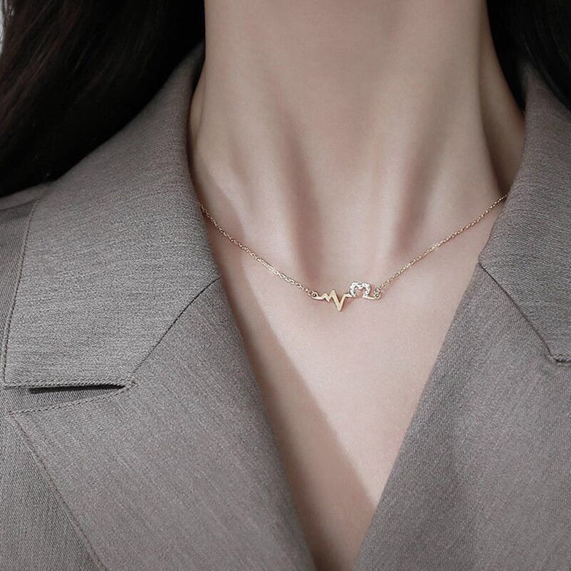 Vòng cổ Thép Titan Mặt Hình Nhịp Tim Đính Đá Zircon Đơn Giản Thời Trang Cho Nữ