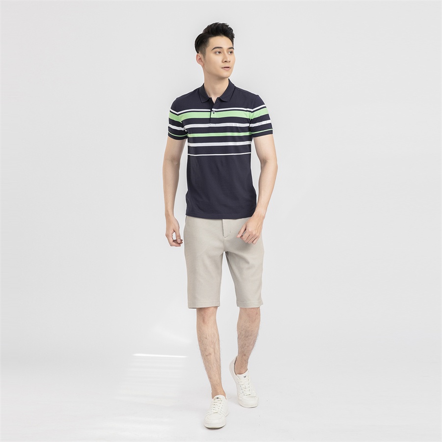 Áo thun polo nam Aristino APS001S1 phông ngắn tay cổ bẻ dáng slim fit ôm nhẹ màu trắng kẻ xanh cổ vịt vải cotton cao cấp