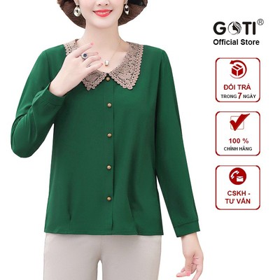 GOTI - Áo Trung Niên Nữ Vải Lụa Mềm Mịn Cao Cấp Tay Dài Phối Cổ Ren Sang Trọng Nhiều Size Nhiều Màu Cho Mẹ 3A01 3A16