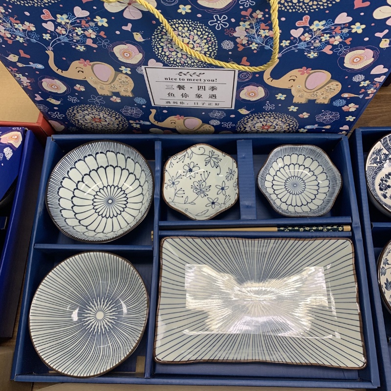 Bát đĩa - Set 7 món phong cách Nhật men lam - có hộp đi kèm xinh xắn phù hợp làm quà tặng - sang trọng tiện lợi