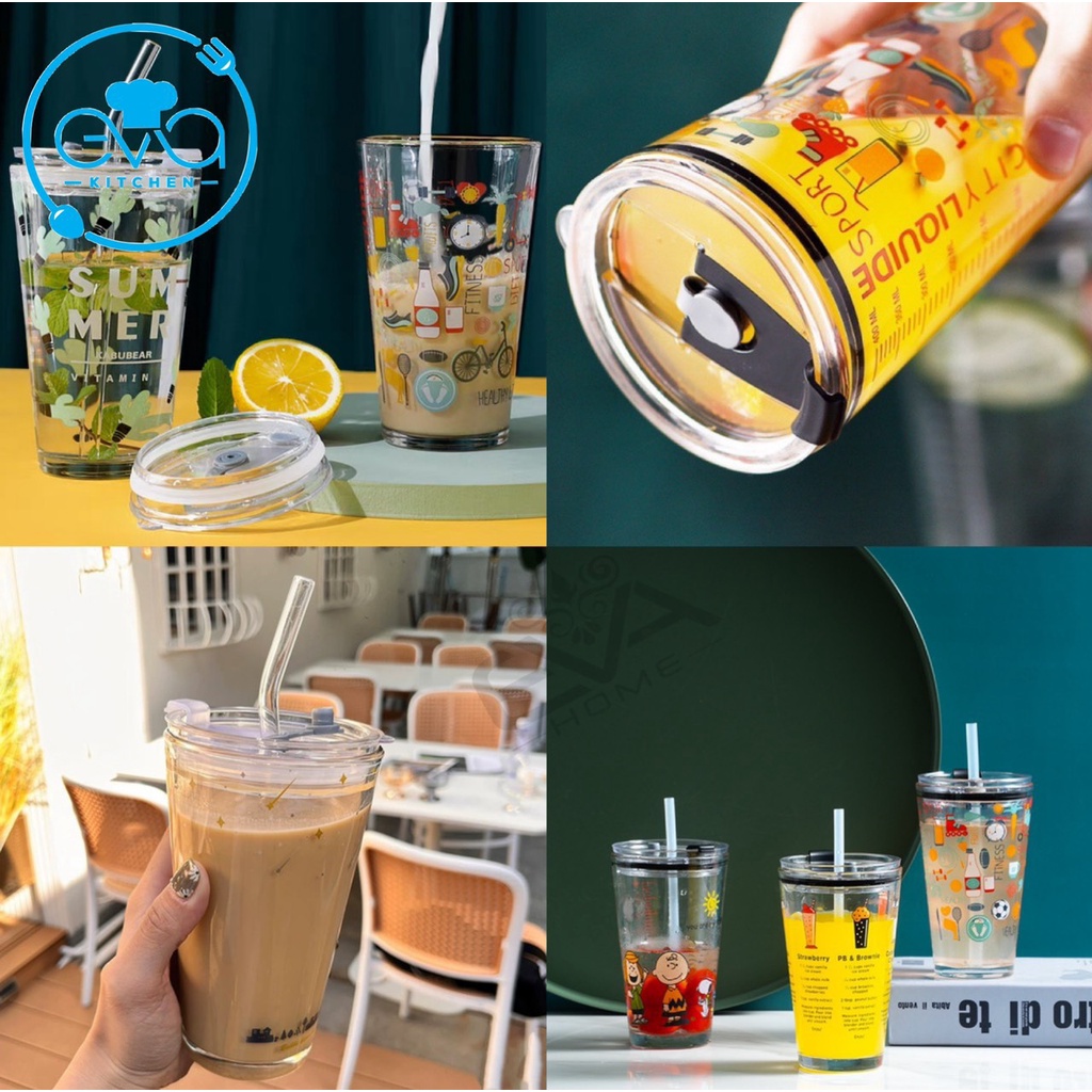 Ly Thuỷ Tinh In Hoạ Tiết Hoạt Hình Có Vạch Chia 400 Ml Kèm Nắp Đậy Kín Hơi Và Ống Hút Thuỷ Tinh SP2682