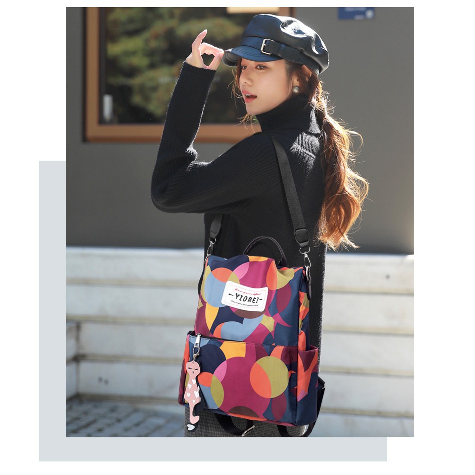 Balo dù chống nước kiêm túi xách chất dù ngũ sắc cầu vòng tặng Móc khoá mèo may mắn