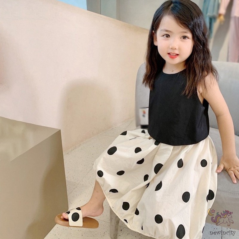 Set Áo Sát Nách + Chân Váy Chấm Bi Cho Bé Gái