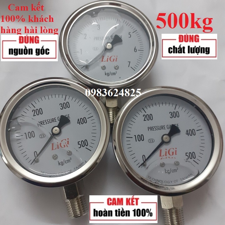 Đồng hồ đo áp suất áp lực nước hơi khí nén 500kg mặt 63 có dầu