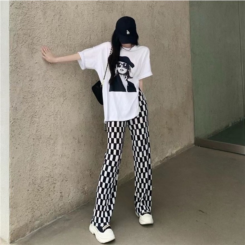 Set Áo Thun Ngắn Tay + Quần Dài Ống Rộng Lưng Cao Thời Trang Cho Nữ