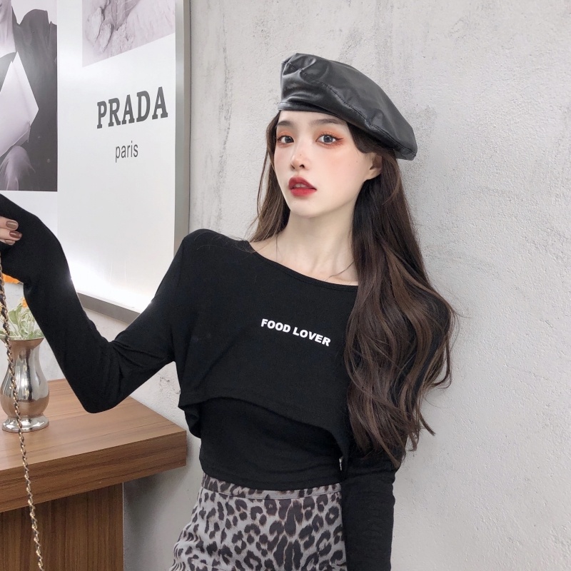 ZHELIHANGFEI Áo Thun Tay Dài + Quần Lưng Cao Kiểu Dáng Sexy Dễ Phối Đồ