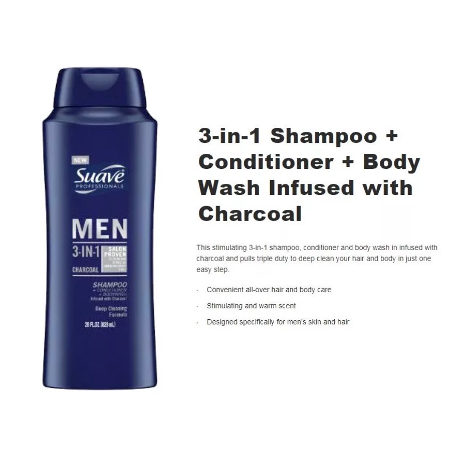 SUAVE Sữa Tắm Gội xả 3 Trong 1 Cho Nam 828ml - Suave Men Charcoal 3-in-1 Shampoo, Conditioner and Body Wash (Nhập Mỹ)