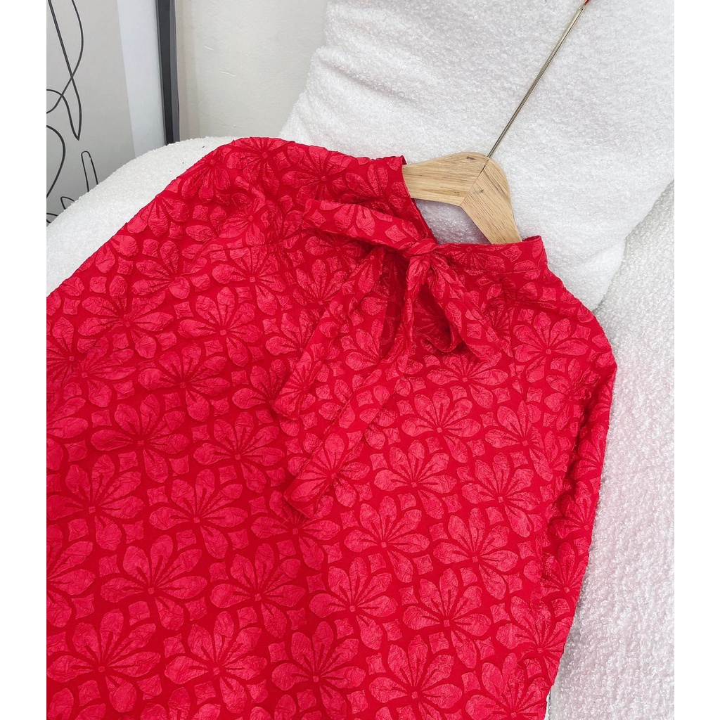 SET ÁO DÀI ĐỎ HOA NỔI + QUẦN SUÔNG TRẮNG