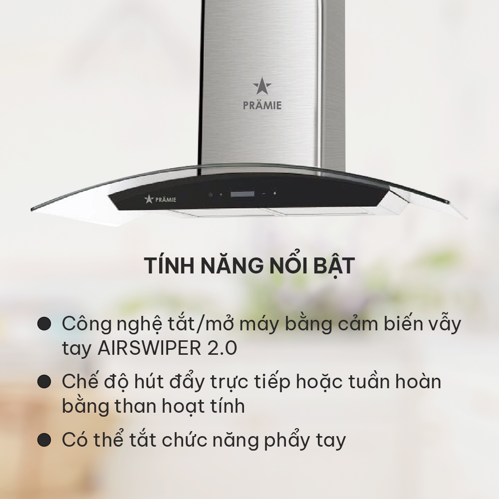 Máy hút mùi kính cong AC17-900 máy hút mùi bếp cảm ứng điều khiển không chạm, chống ồn, hoạt động êm ái