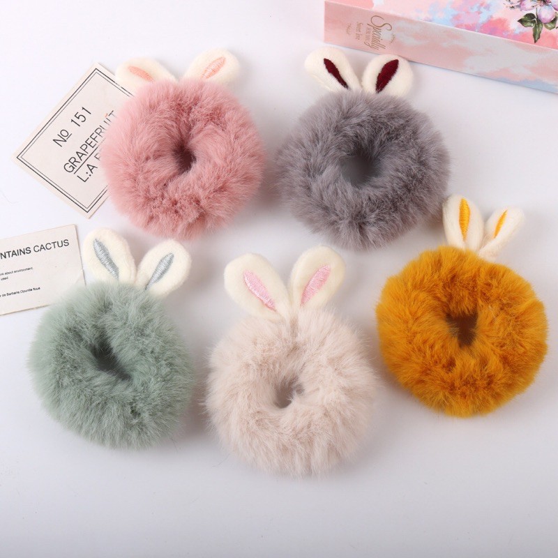 KAL03-Dây buộc tóc Scrunchies bằng vải lông hình tai thỏ dễ thương