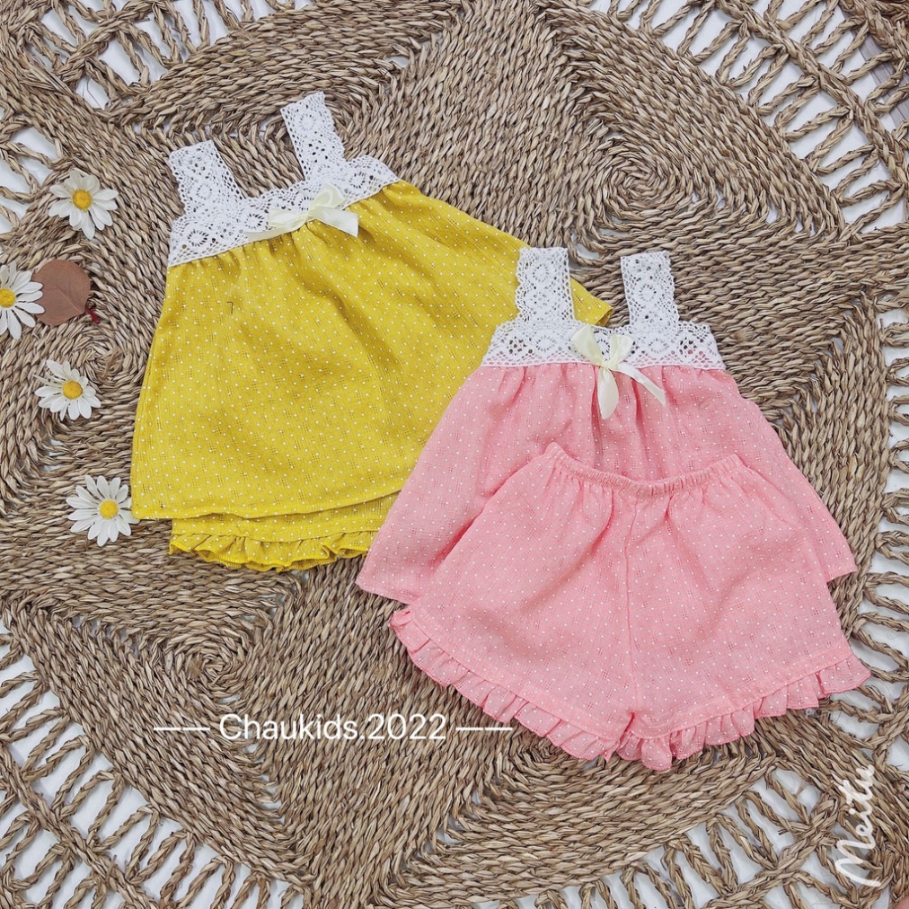 Bộ 2 dây bé gái chất thô mềm mịn, Bộ chấm bi dây ren trắng bé gái