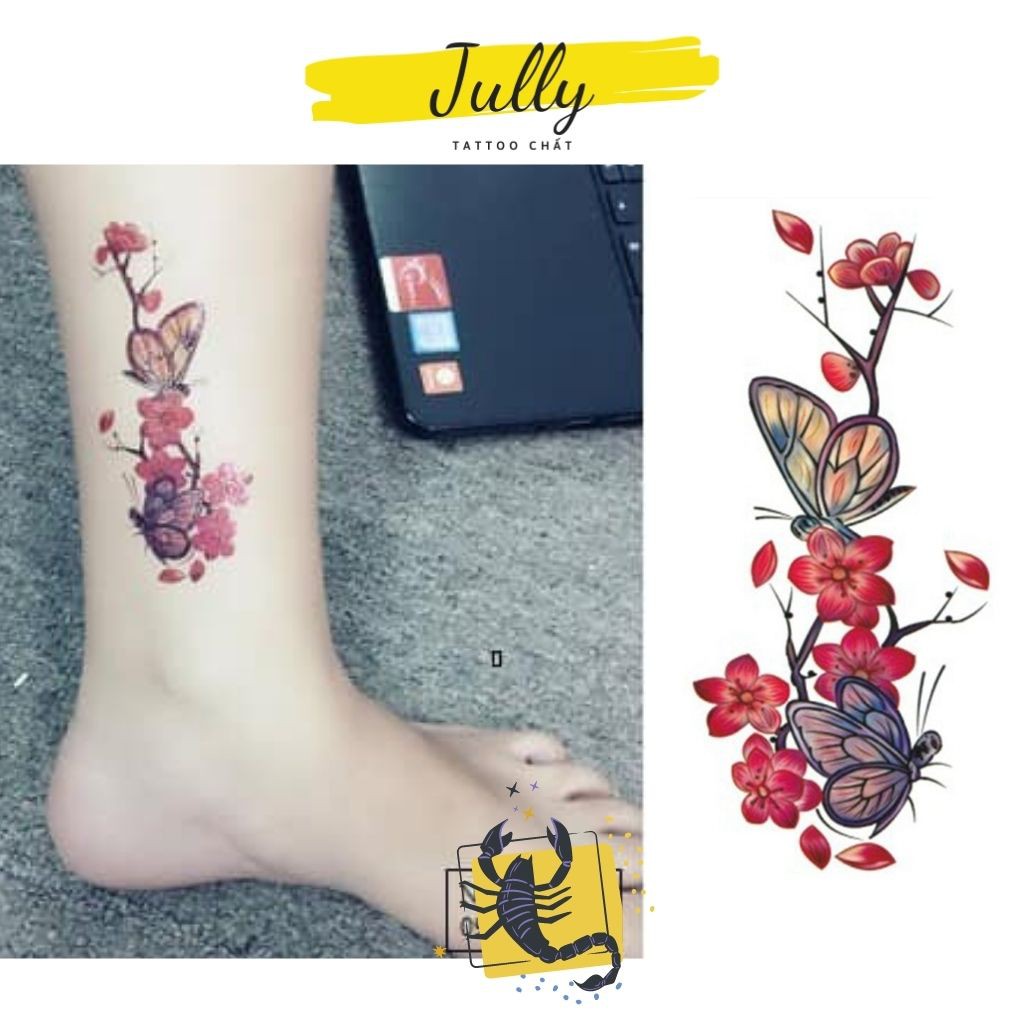 Hình xăm dán cành đào cổ trang mini JULLY Tattoo chất, xăm tạm thời 15 ngày chống thấm nước