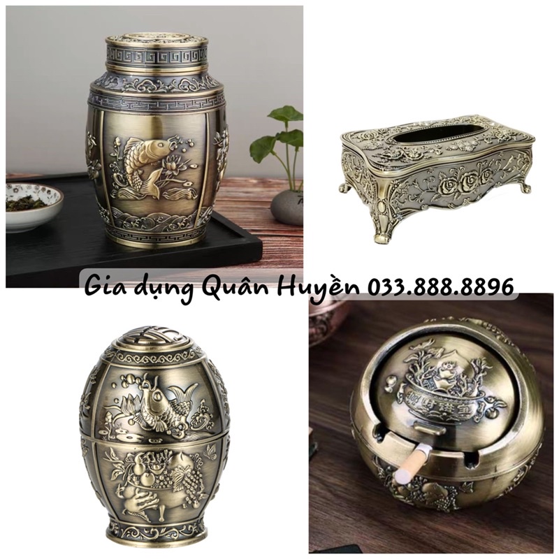 Bộ 4 món Đồng hoàng gia | Hộp đựng giấy, Hộp đựng chè, Lọ tăm, Gạt tàn hợp kim hoạ tiết tân cổ điển