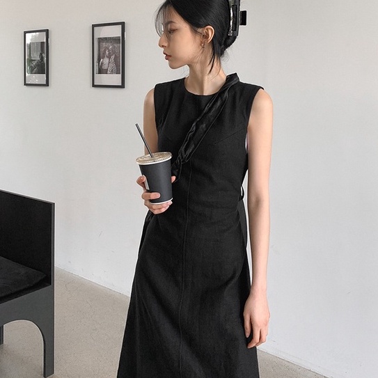 Đầm hai dây ZHELIHANGFEI dáng dài lưng cao màu trơn kiểu retro Pháp thời trang mùa hè