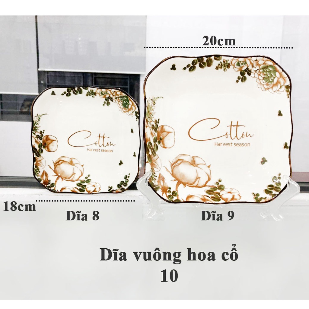 Combo 2 dĩa sứ vuông hoa cổ gồm 1 dĩa 18cm và 1 dĩa 20cm, 2 dĩa sứ cao cấp