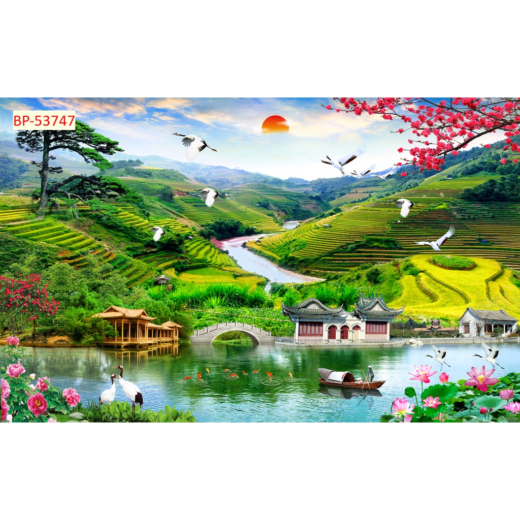 Tranh vải lụa dán tường phong cảnh thiên nhiên phòng khách, phòng ăn, phòng ngủ