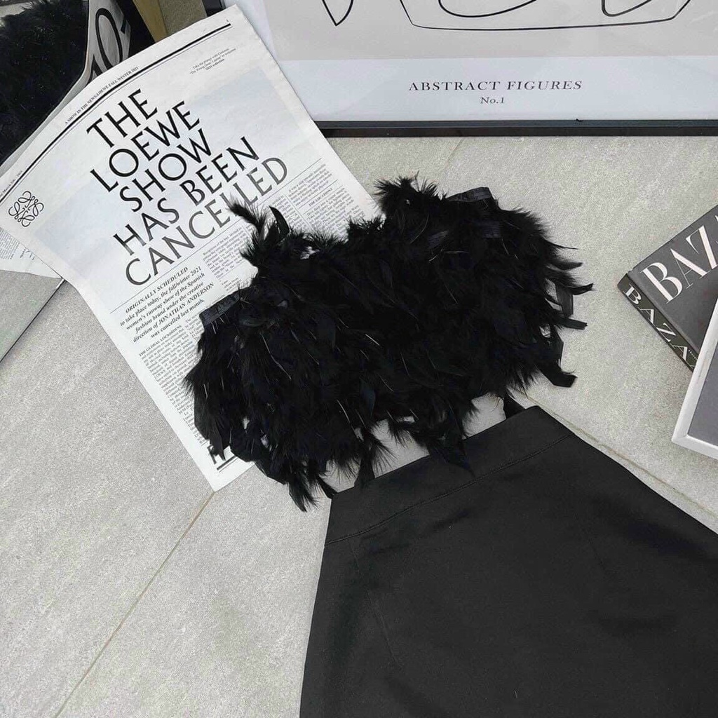 Sét bộ áo ống lông vũ phối chân váy chữ A cực hot