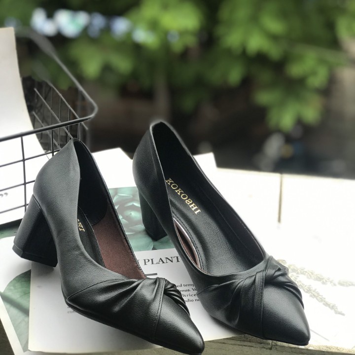 Giày cao Gót nữ 5p Đế vuông mũi nhọn thắt nơ công sở Da mềm cao cấp