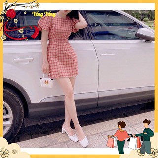 Vnu155 - váy kẻ caro xanh đỏ tay bồng