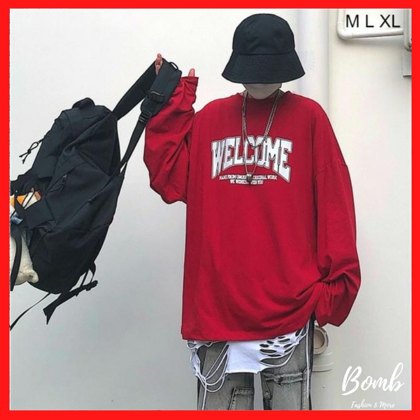 Áo thun dài tay dáng rộng (40-70kg) Unisex nam nữ in chữ Welcome cực đẹp, áo phông tay dài dáng thụng cực trend