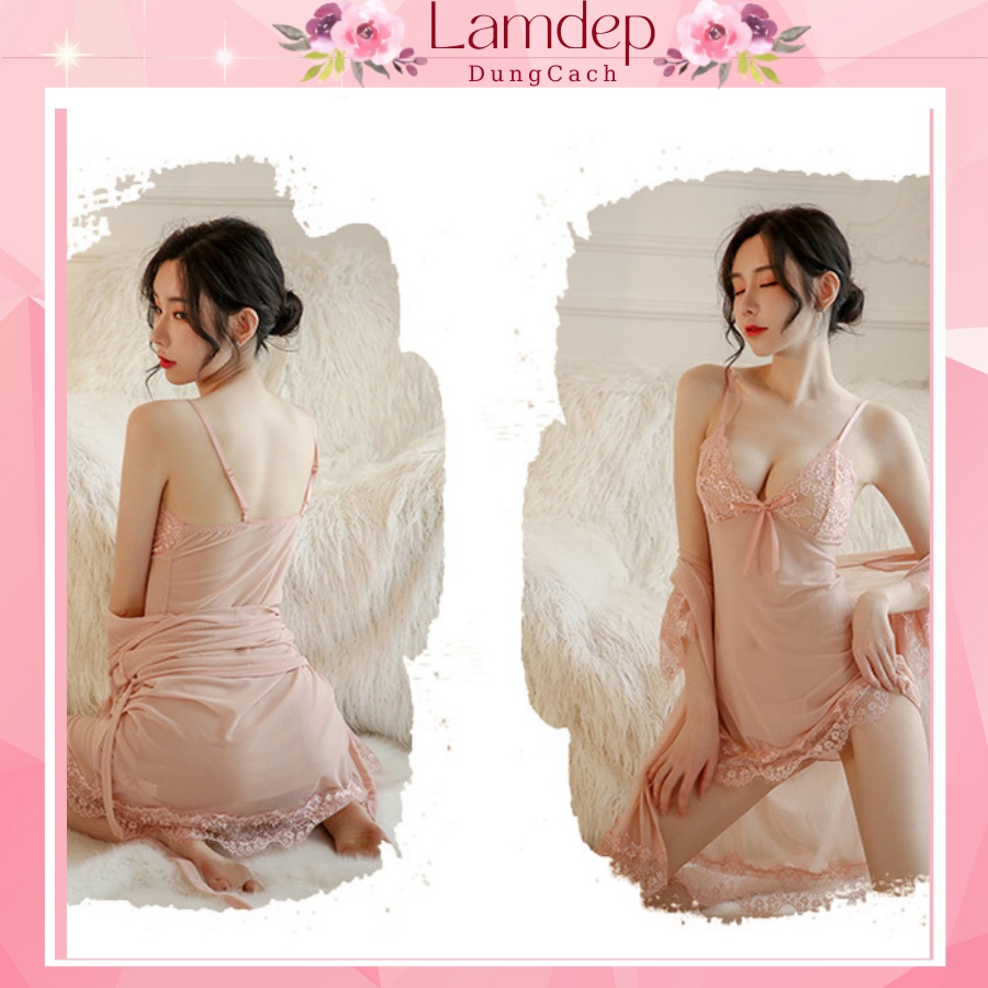 Váy ngủ sexy - Đầm ngủ sexy ren voan mỏng có kèm áo choàng thắt dây màu đỏ, hồng, trắng LAMDEPDUNGCACH-CT1083