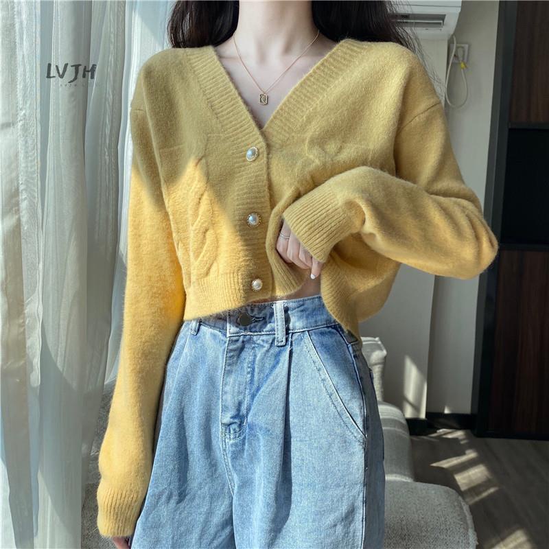 🍓Lvjh🍓Hàng Có Sẵn Hàng Có Sẵn Áo Ngắn Eo Cao Ống Rộng Cổ Chữ v Kết Hạt Ngọc Trai Nhỏ