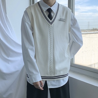 Áo gile nam len ulzzang fom rộng màu trắng và xanh
