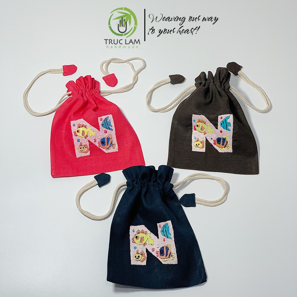 Túi Dây Rút Thêu Tay Họa Tiết Chữ Cái N Phối Hoa Văn Nhiều Màu Sắc - Trúc Lâm Handmade