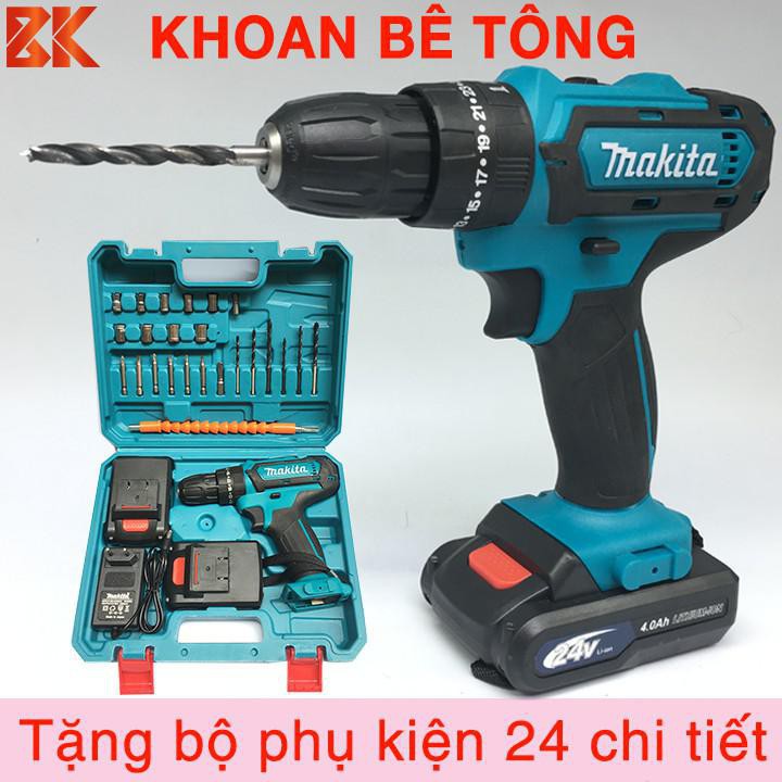 Máy Khoan Pin MAKITA 24V – Tặng phụ kiện 24 chi tiết – Khoan, Bắt vít, Khoan bê tông – Pin 5 CeLL