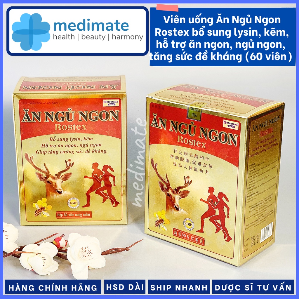 Viên Ăn Ngủ Ngon Rostex bổ sung lysin, kẽm giúp ăn ngon, ngủ ngon, tăng sức đề kháng (Hộp 60 viên)