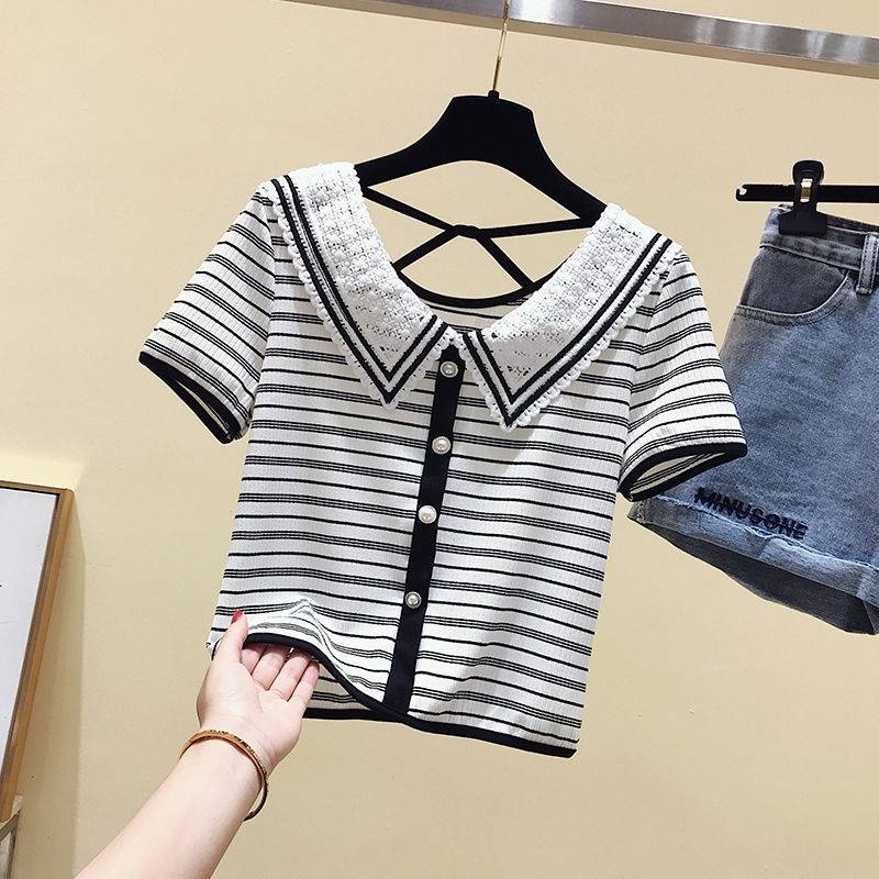 Black and white striped short-sleeved t-shirt women's lace doll collar slim slim cropped top