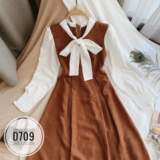 Bigsize Đầm nhung phối nơ cổ D709