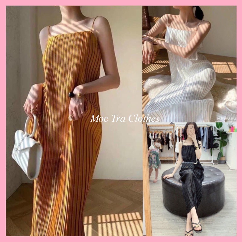 Đầm maxi hai dây dập ly dáng suông rộng tiểu thư hàng 2 lớp siêu xinh, Váy kiểu nữ đi biển sang chảnh rẻ đẹp