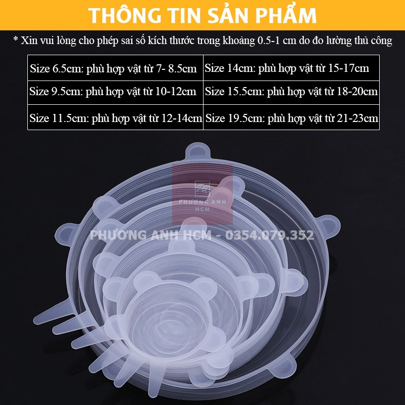 Freeship BỘ 6 NẮP ĐẬY THỰC PHẨM SILICONE - Màng Bọc Thực Phẩm Silicon Che Thức Ăn, Hoa Quả