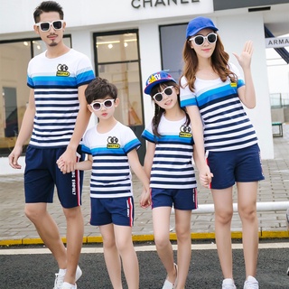 Áo gia đình đẹp ❤️FREESHIP❤️ Đồng phục quần áo thun gia đình sọc xanh thêu logo dễ thương AG01