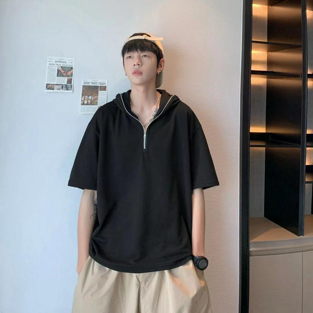 Áo hoodie Tay Ngắn Dáng Rộng Có Khóa Kéo Màu Trắng Trơn Thời Trang Cho Nam