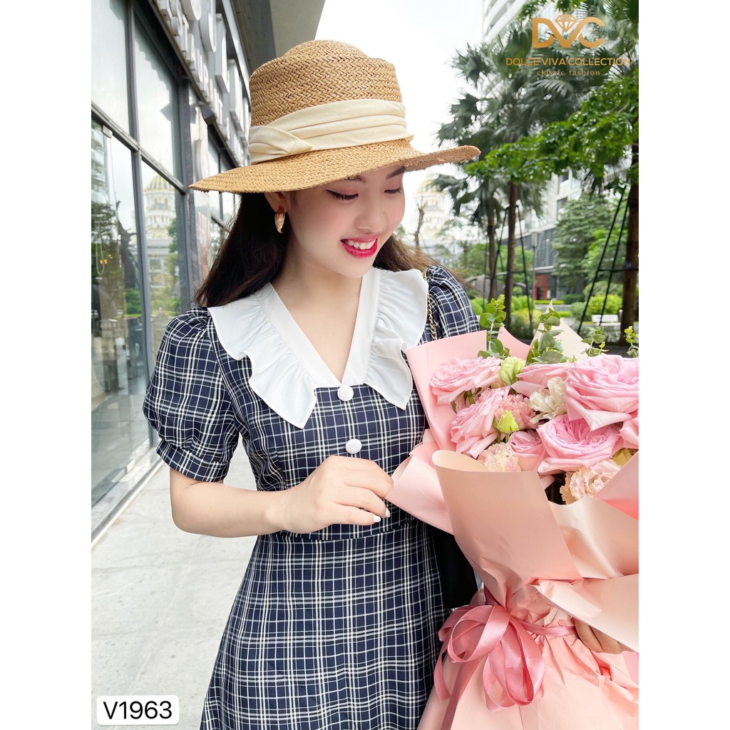 Váy kẻ xòe cổ phối V1963 - Đẹp Shop DVC (Kèm ảnh thật trải sàn do shop tự chụp) | BigBuy360 - bigbuy360.vn