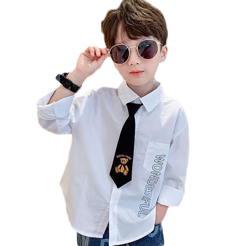 Áo Sơ Mi Dài Tay Thắt Cà Vạt Gấu Bé Trai 3-12 Tuổi