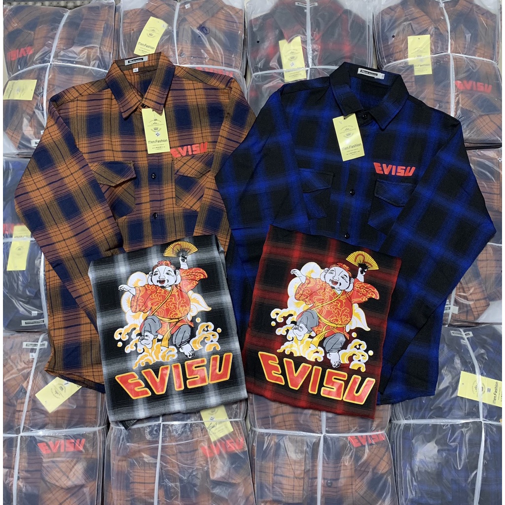 Áo Sơ Mi EVISU Vải Nỉ Caro In Ông Địa Múa Quạt Phong Cách Thời Trang Hot Trend Mới