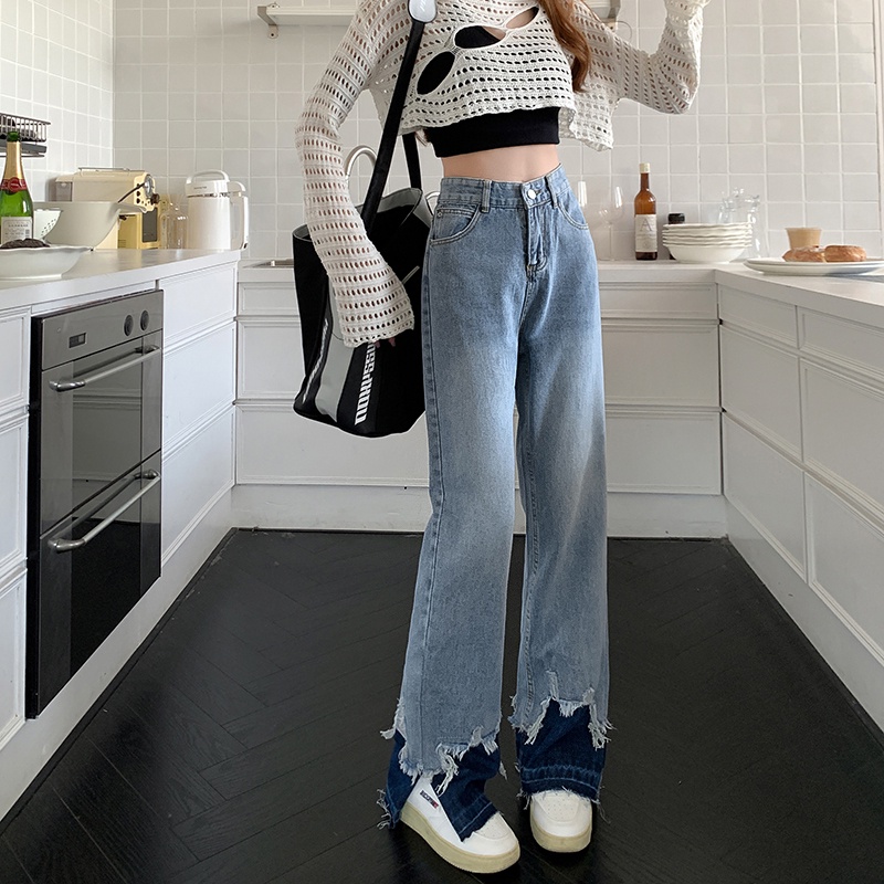 Quần jeans ZHELIHANGFEI dáng dài xẻ rách gấu thời trang phong cách cá tính cho nữ